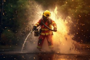 Firefighter uses water and a fire extinguisher illustration. Ai generative.