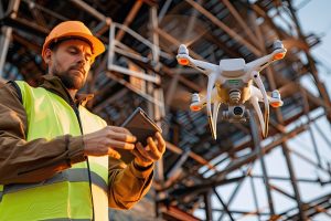 A skilled engineer, adorned in a high visibility vest and hard hat, meticulously maneuvering a drone to inspect an electrical power line tower against the backdrop of a daylight sky